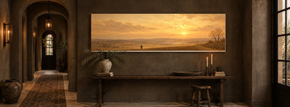 Parable of the Sower canvas above a console table in a warm limewash hallway