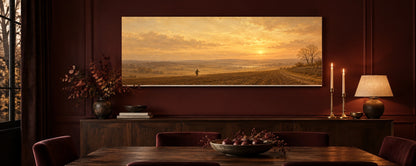 Parable of the Sower canvas hanging above a walnut sideboard in an oxblood dining room