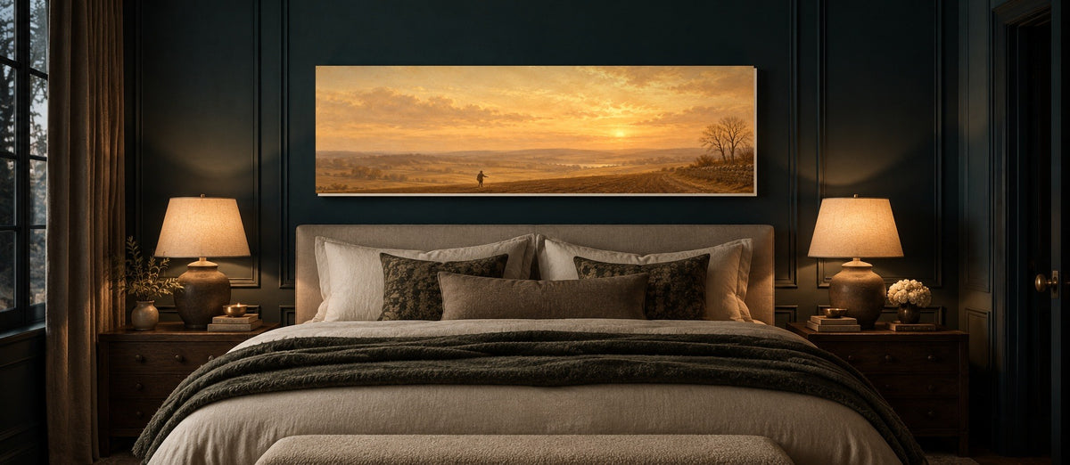 Parable of the Sower panoramic canvas above a bed in a deep teal bedroom