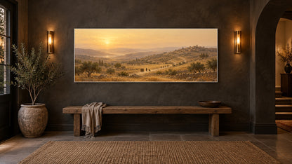 Ten Lepers canvas above an oak bench in a charcoal plaster entryway