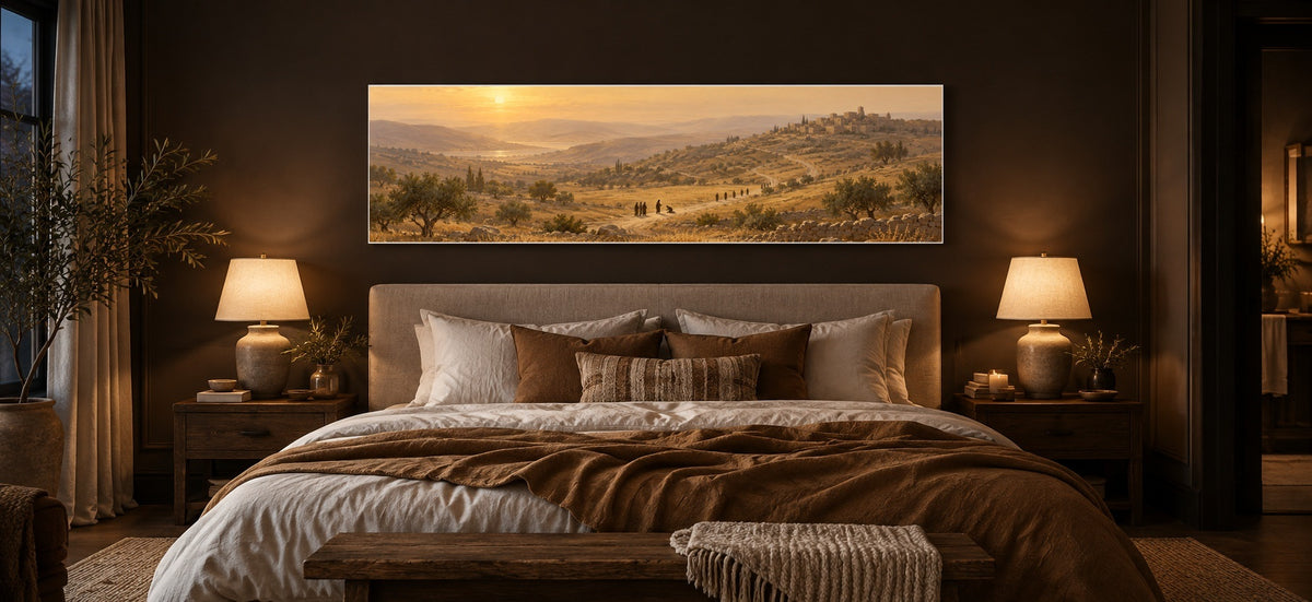 Ten Lepers panoramic canvas above a linen headboard in a chocolate-brown bedroom