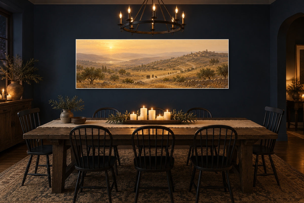 Ten Lepers canvas in a navy dining room above a farmhouse table