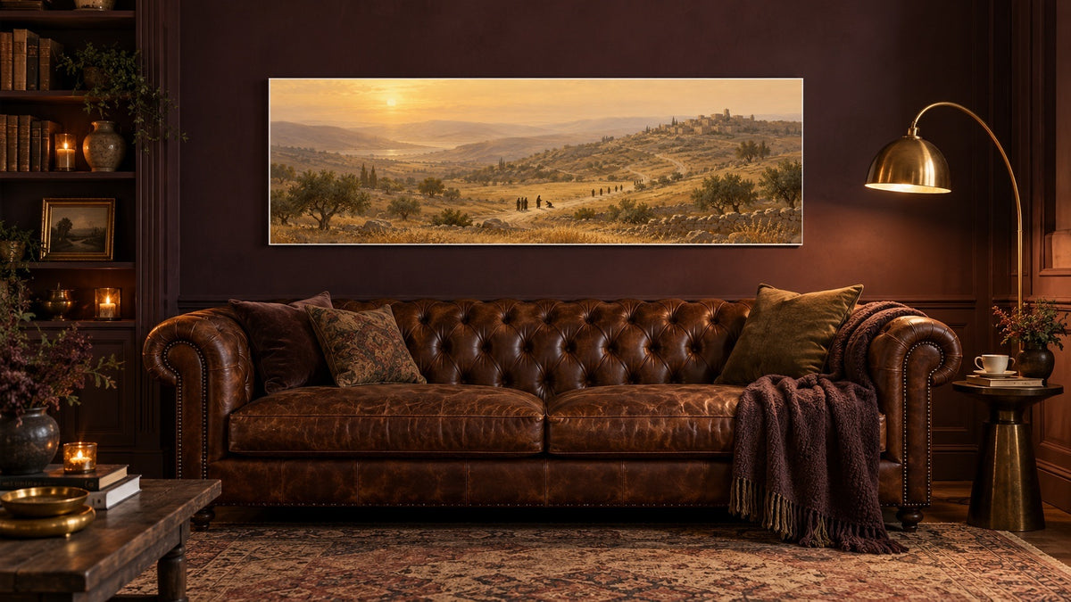 Ten Lepers canvas above a leather chesterfield in a plum reading room