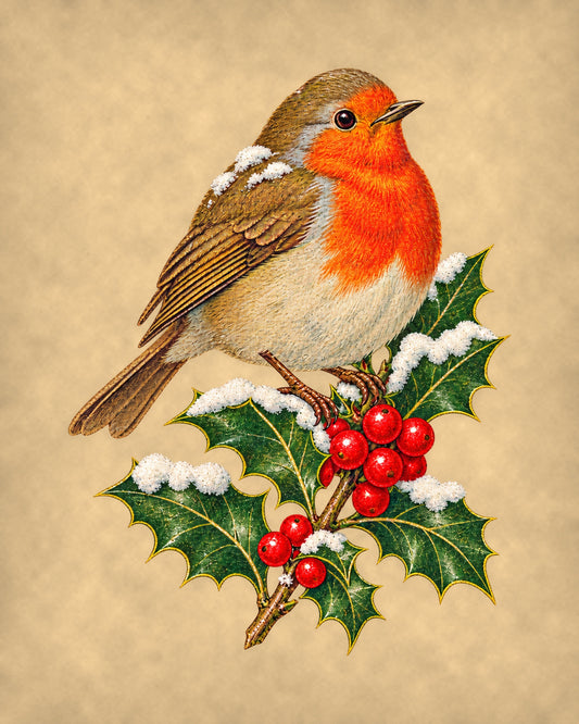 Vintage Christmas robin print - antique Victorian robin redbreast on snowy holly with red berries on tea-stained parchment, 8x10