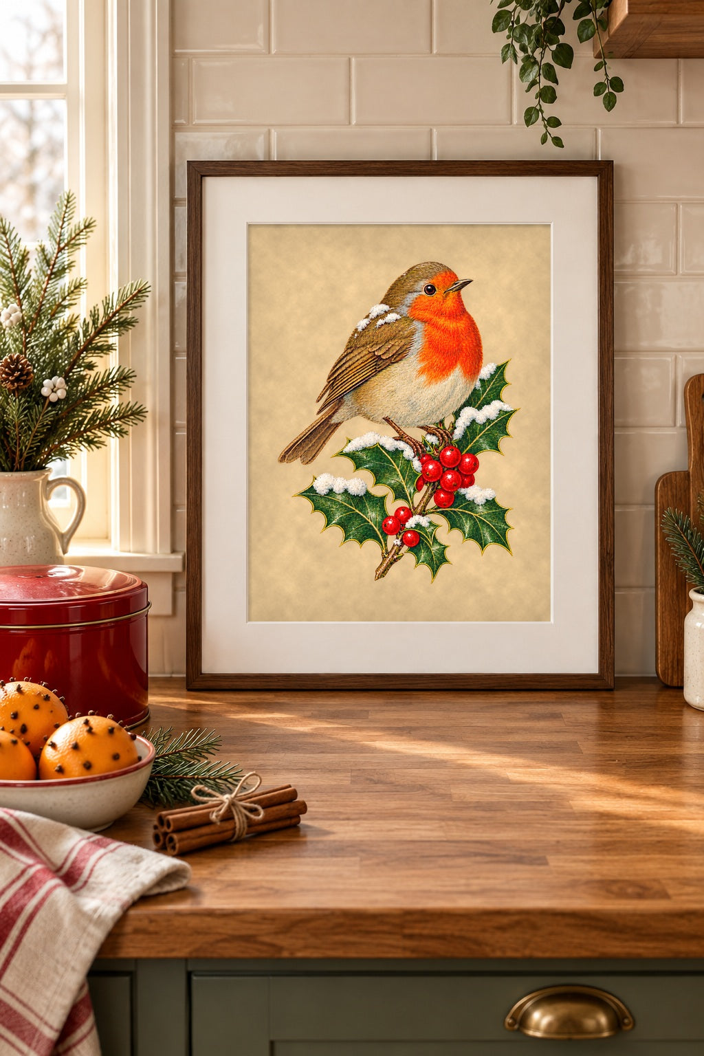 Victorian robin on holly print framed on a butcher block kitchen counter with clove oranges and cinnamon
