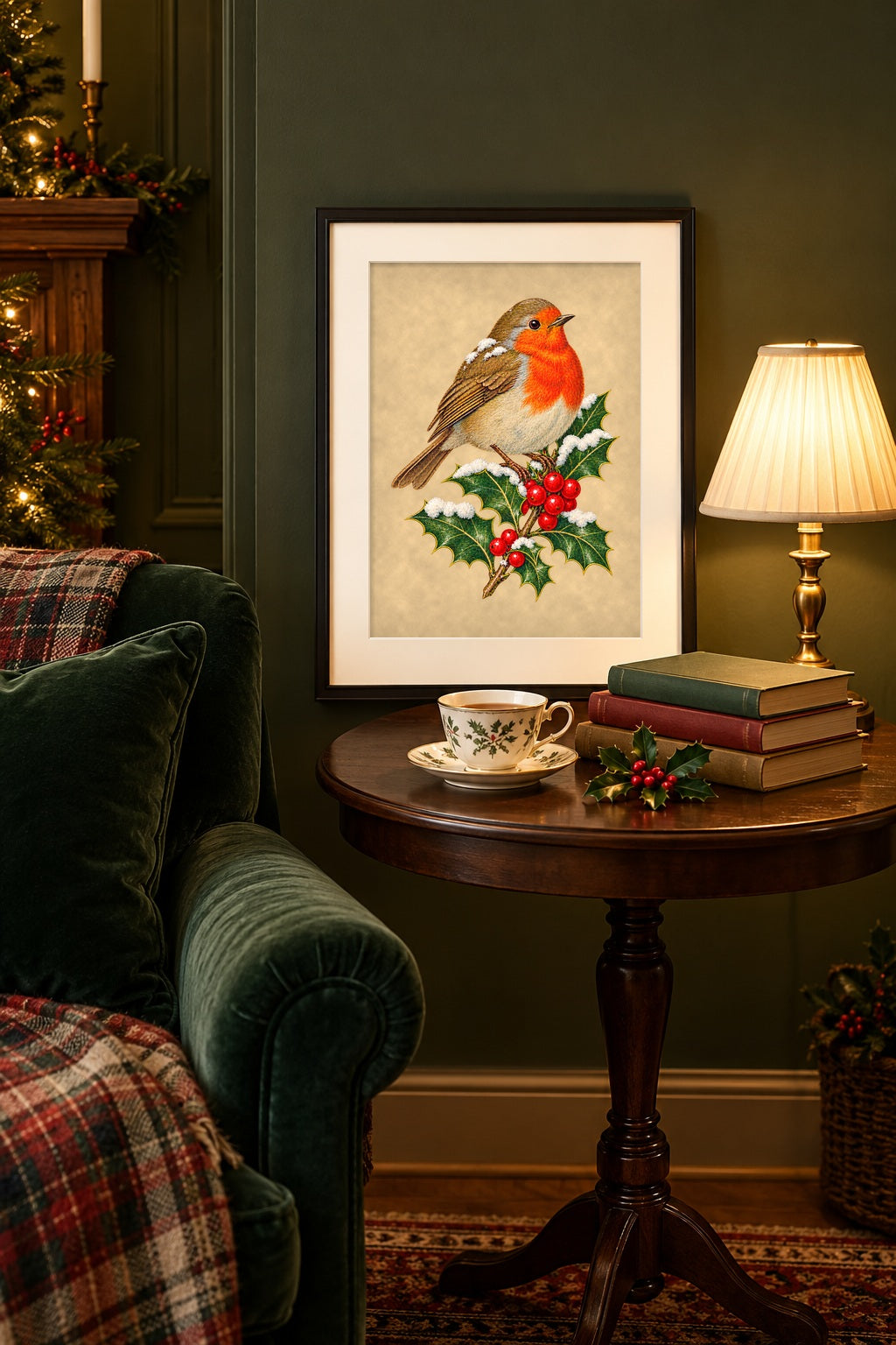 Framed Christmas robin art print on a side table beside a green velvet armchair with teacup and lamp