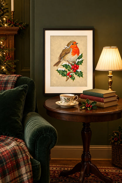 Framed Christmas robin art print on a side table beside a green velvet armchair with teacup and lamp