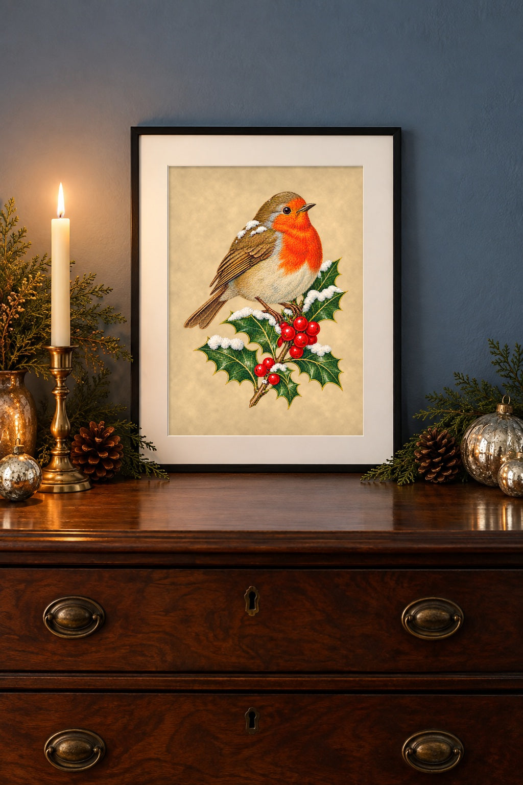 Framed vintage Christmas robin print on a walnut dresser with mercury glass ornaments and a candle