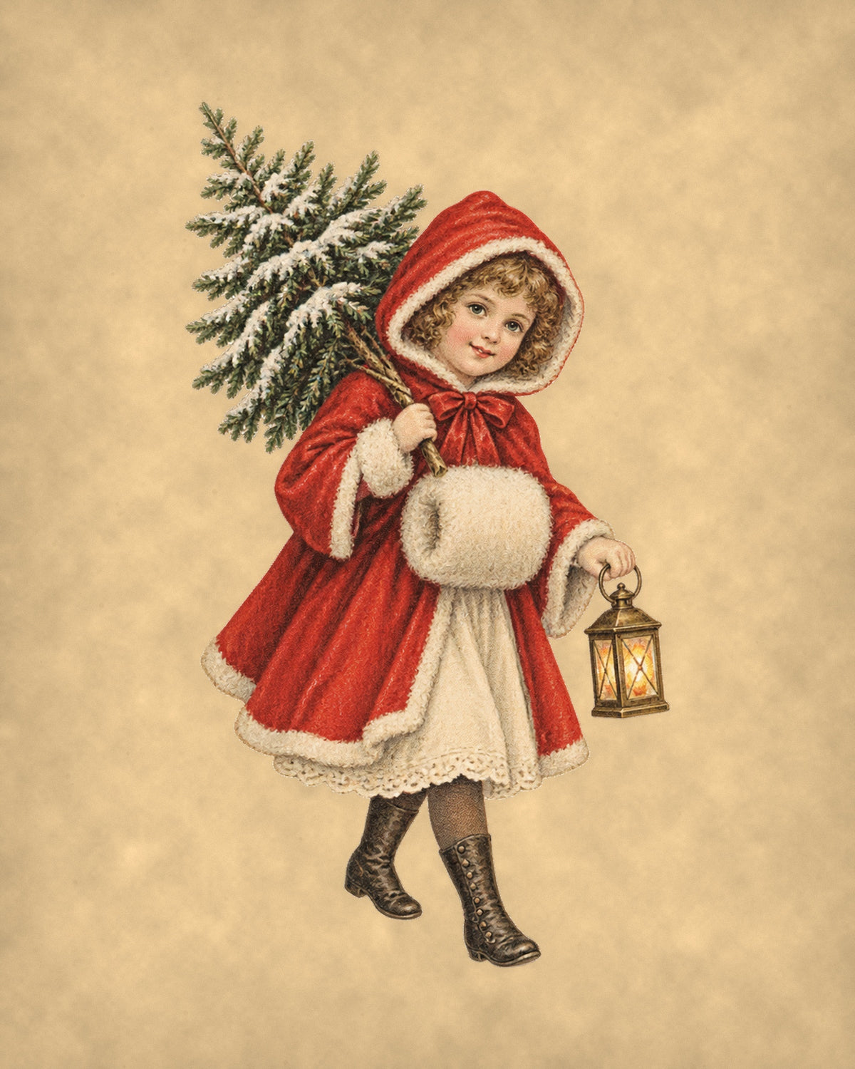 Vintage Victorian Christmas girl in red cape carrying a fir tree and lantern – 8x10 print on parchment
