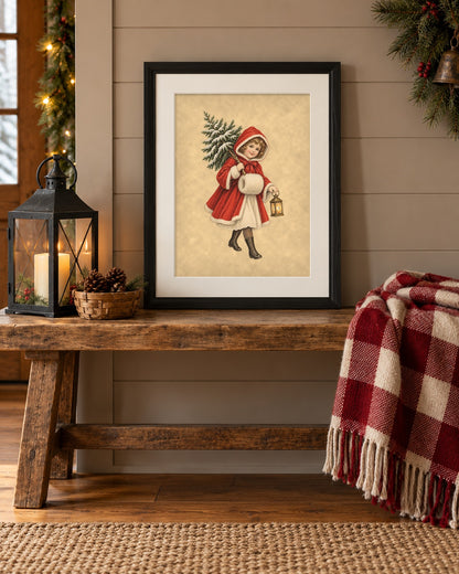 Framed Victorian Christmas print on a farmhouse bench with buffalo check blanket and lantern
