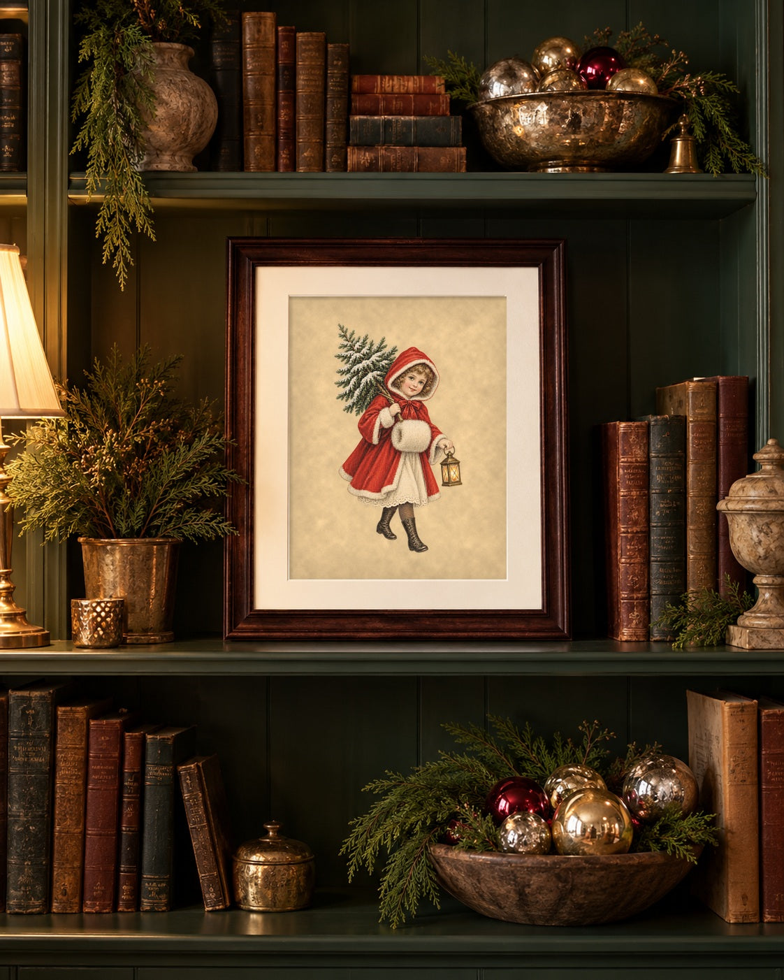 Framed vintage Christmas girl print on a hunter green bookshelf with antique ornaments