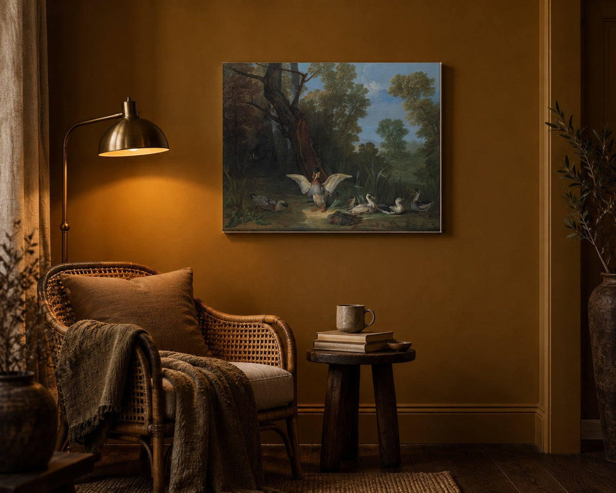 Vintage Oudry duck painting canvas hanging in a moody ochre reading nook with a rattan chair
