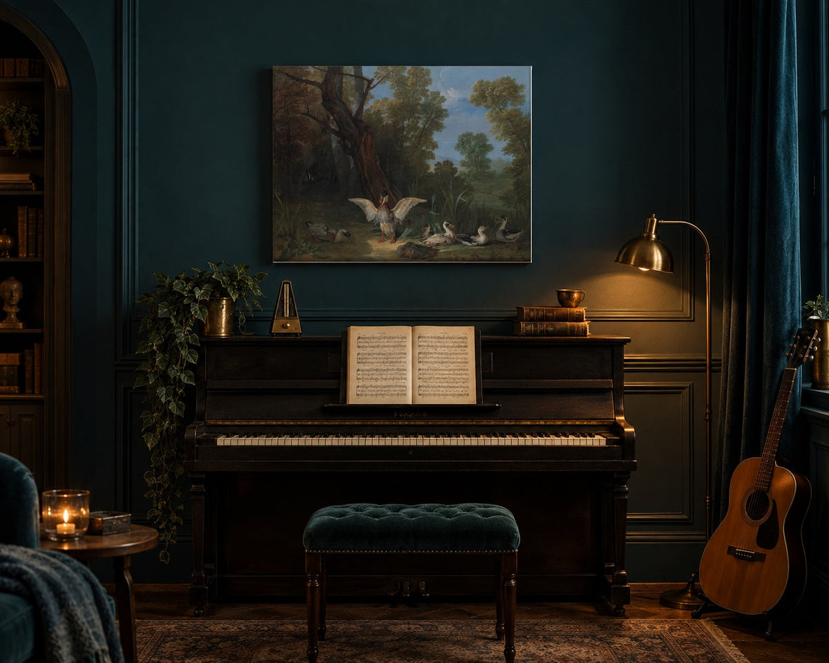 Vintage duck painting canvas above a piano in a dark teal music room