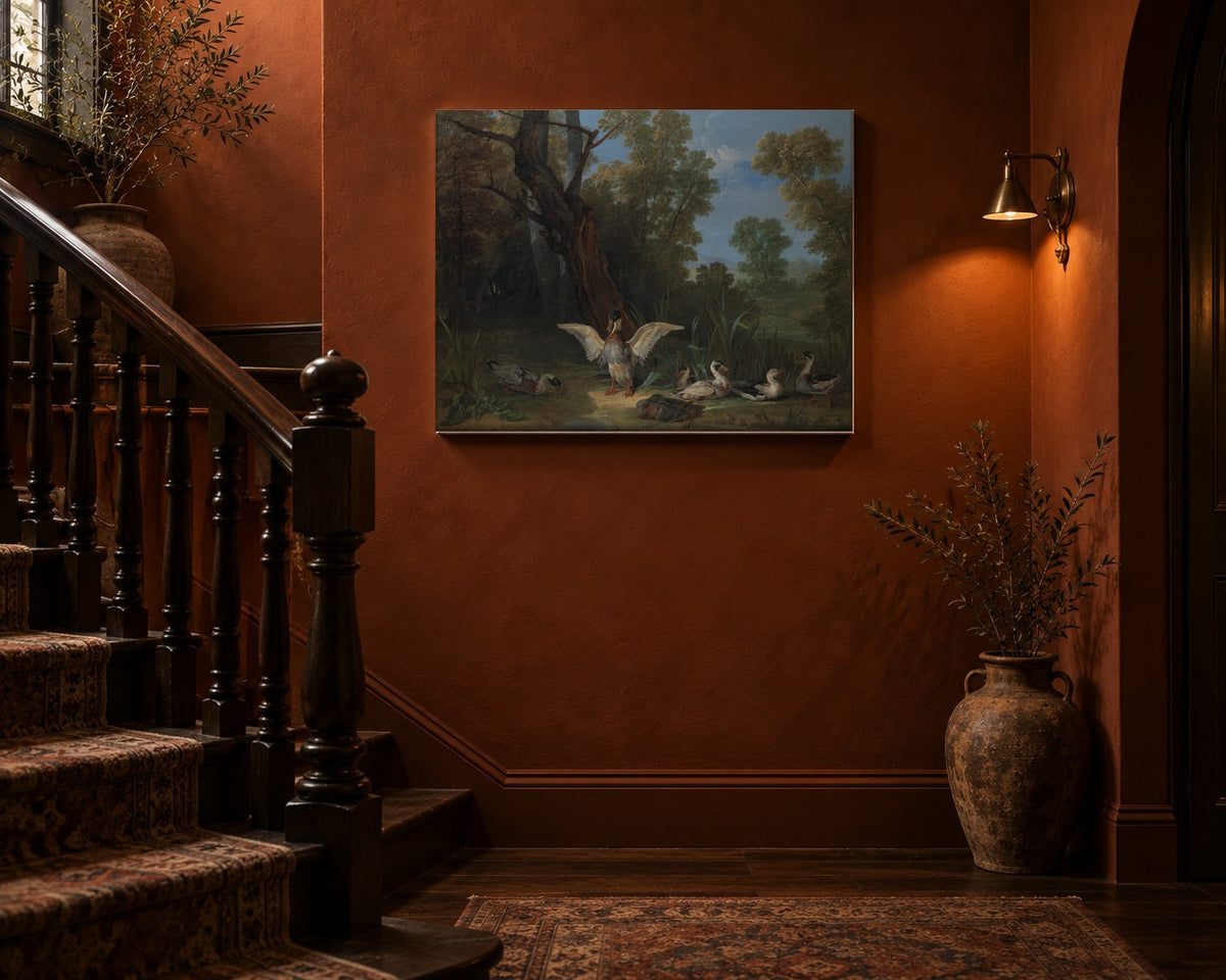 Vintage duck painting canvas on a terracotta stairwell wall