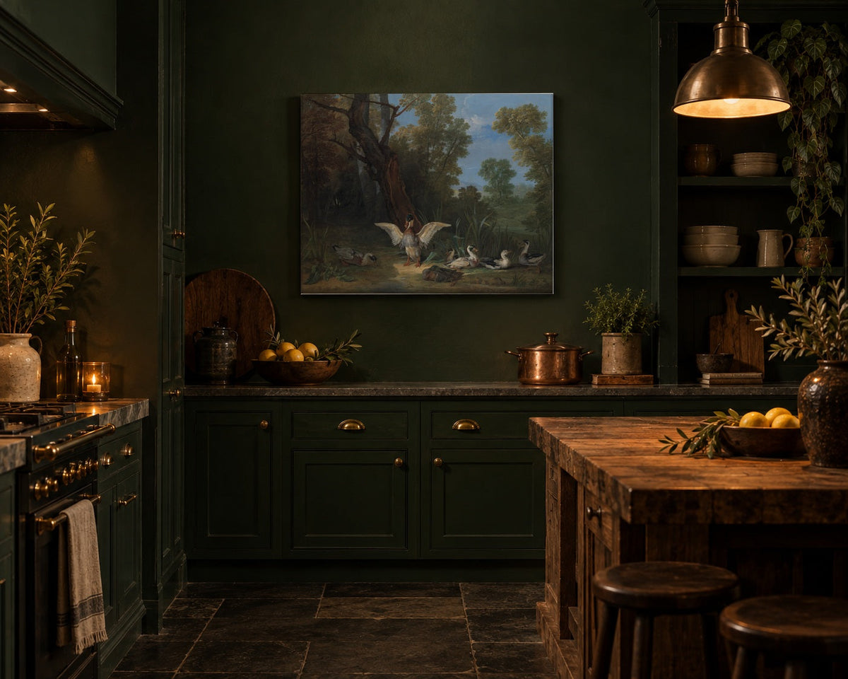 Vintage duck painting canvas in a dark green kitchen above the counter