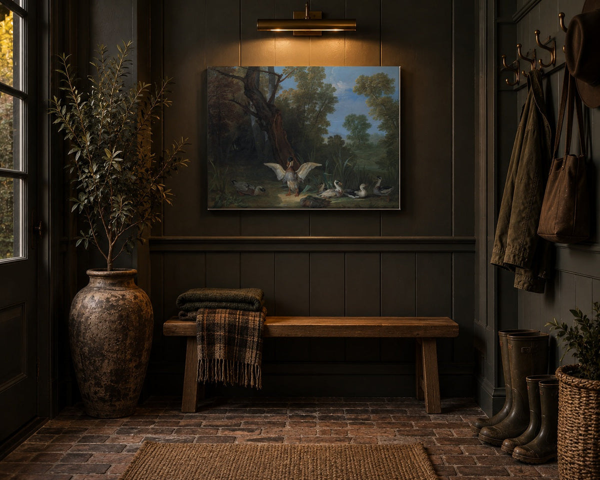 Vintage duck painting canvas in a slate grey mudroom above a bench