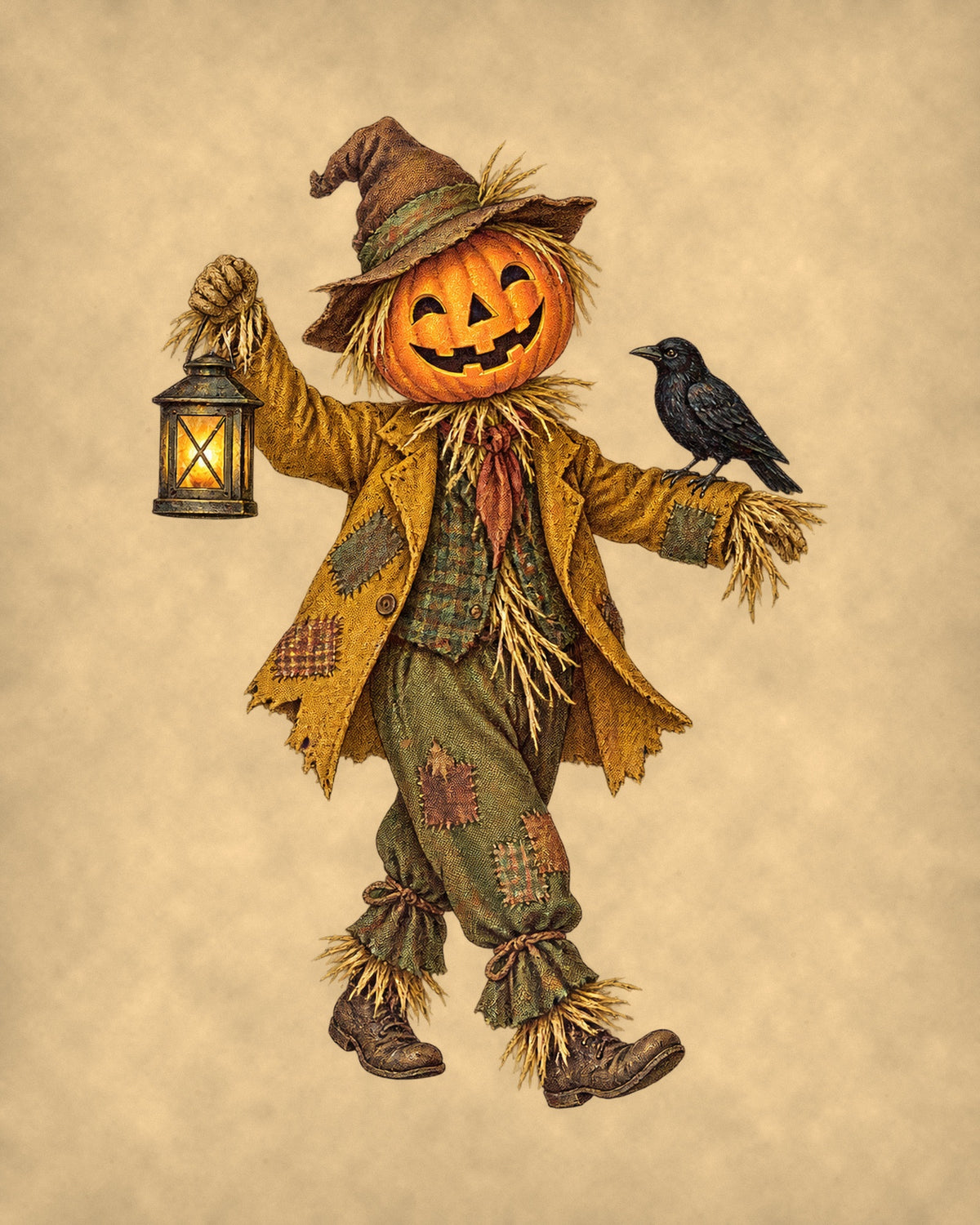 Vintage Halloween jack-o'-lantern scarecrow 8x10 print on tea-stained parchment