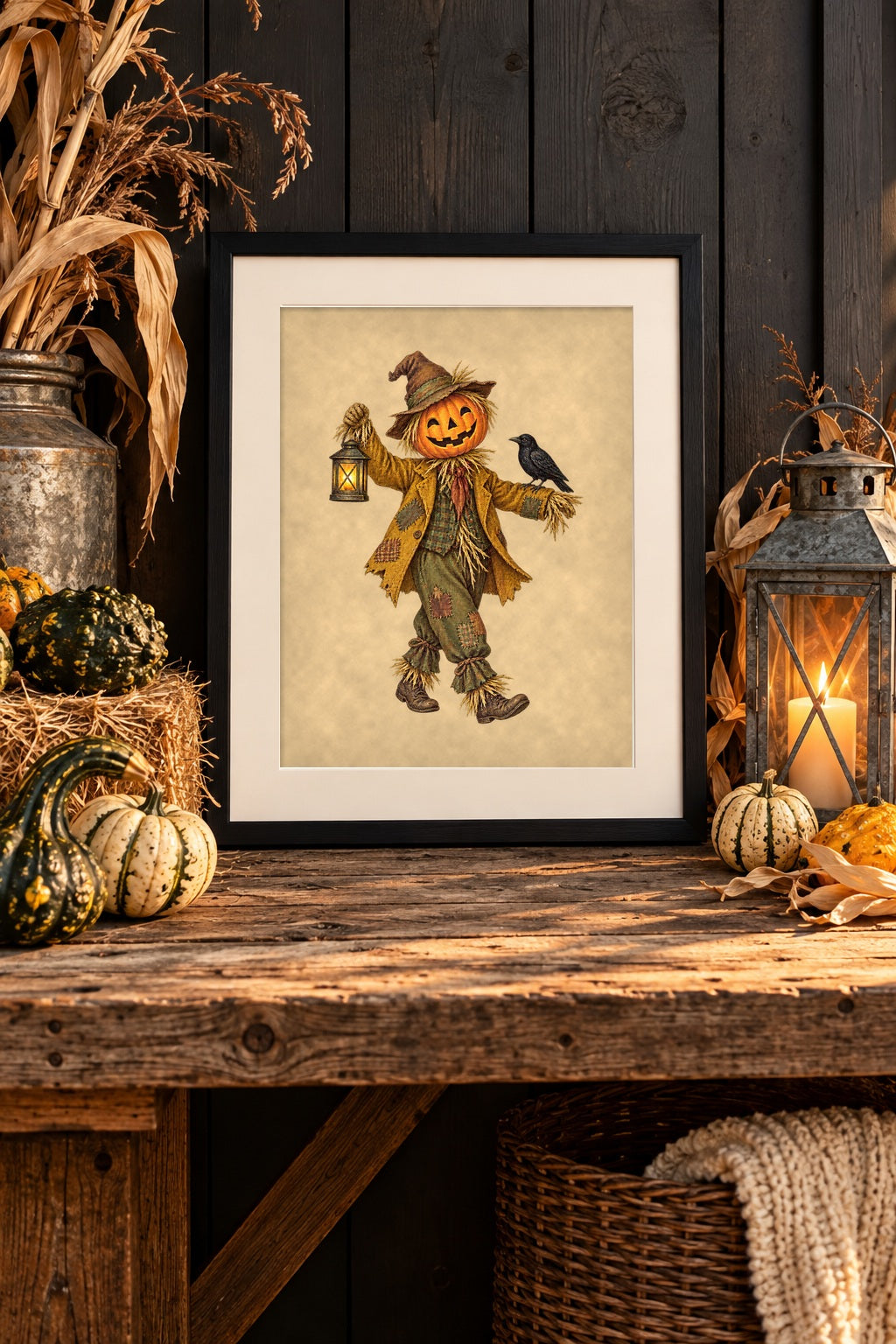 Framed vintage scarecrow print on a barnwood entry table with gourds and lantern