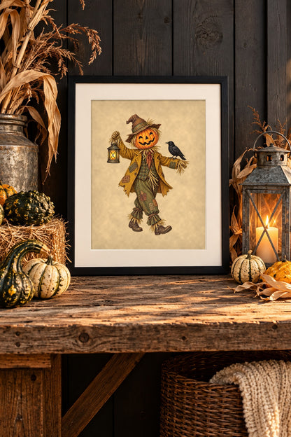 Framed vintage scarecrow print on a barnwood entry table with gourds and lantern