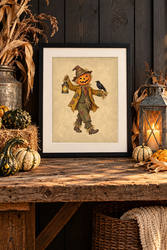 Framed vintage scarecrow print on a barnwood entry table with gourds and lantern