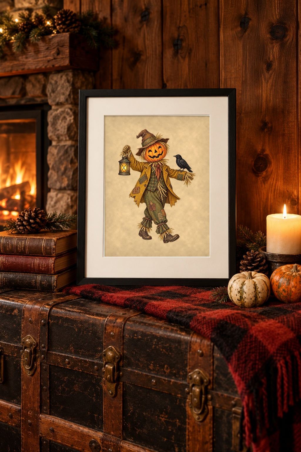 Framed vintage scarecrow print on a steamer trunk in a cedar cabin by the fire