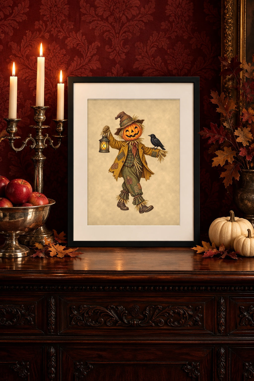 Framed vintage scarecrow print on a Victorian mahogany sideboard with candelabra