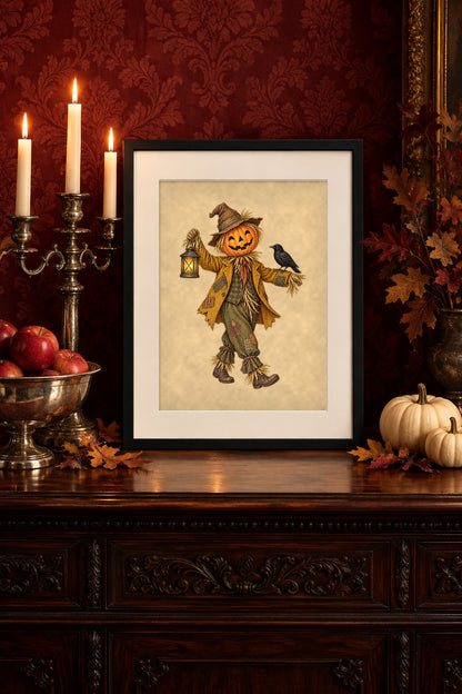 Framed vintage scarecrow print on a Victorian mahogany sideboard with candelabra