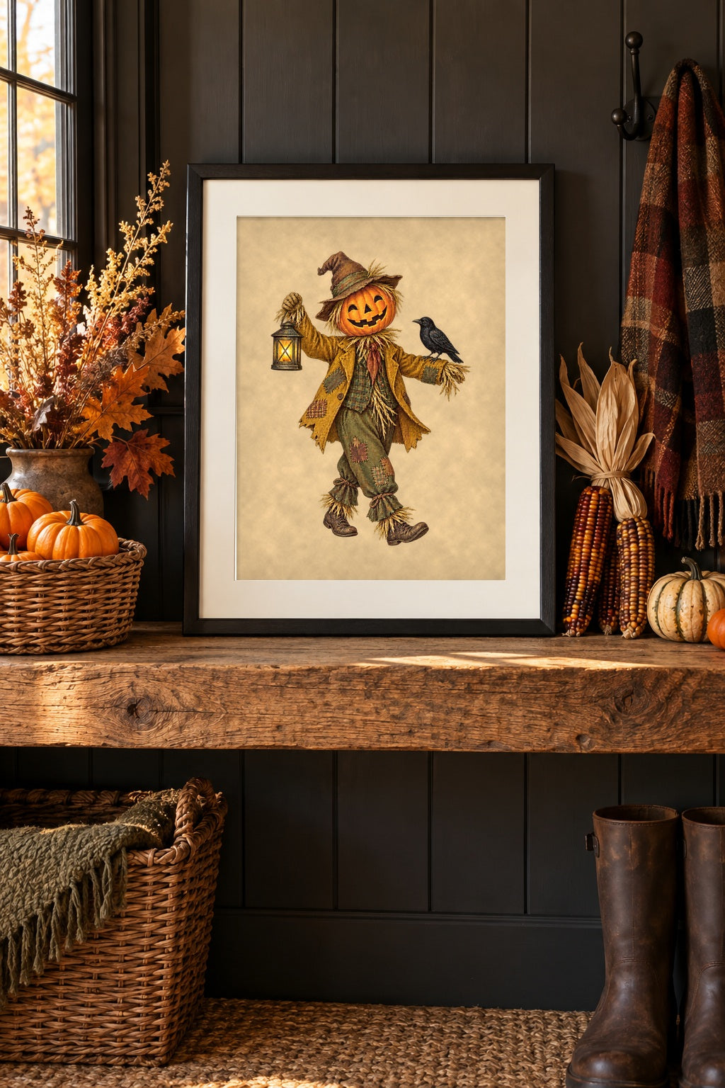 Framed vintage scarecrow print on an oak mudroom shelf with pumpkins and Indian corn