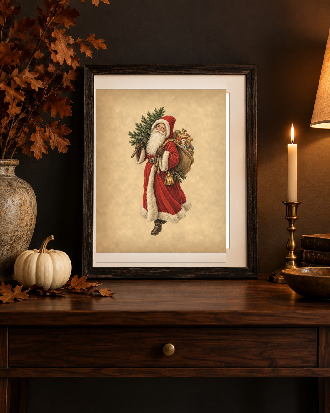Vintage Father Christmas print framed on a walnut console with a white pumpkin and candlelight