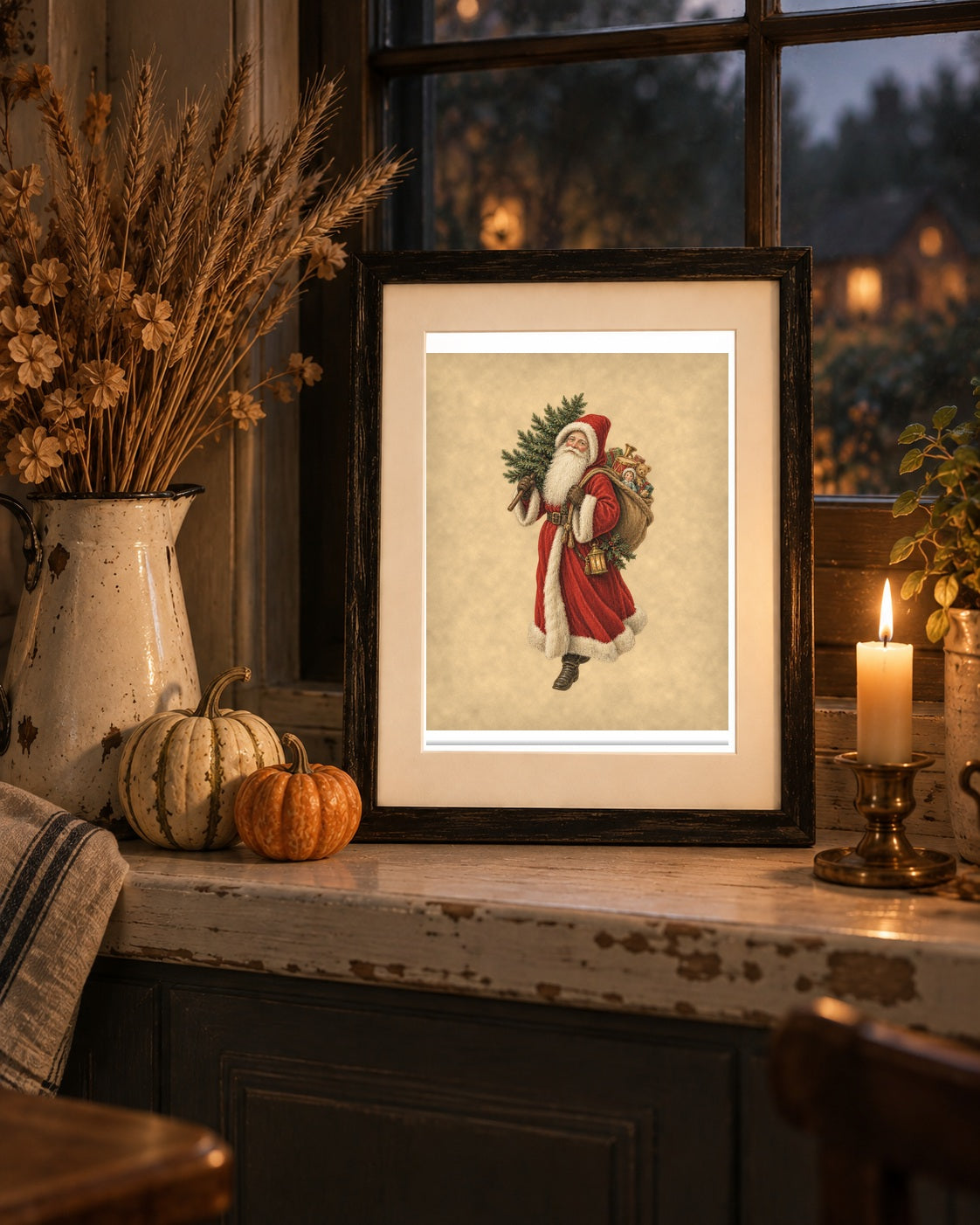 Vintage Father Christmas print framed on a cottage windowsill at dusk