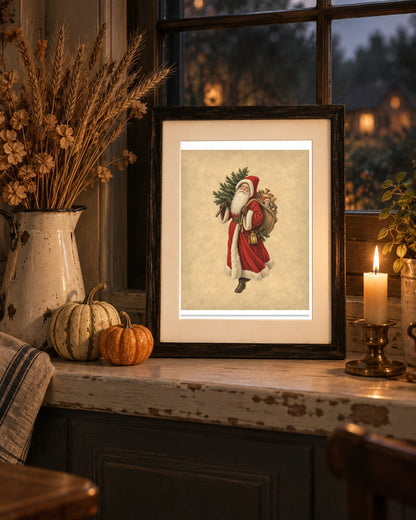Vintage Father Christmas print framed on a cottage windowsill at dusk