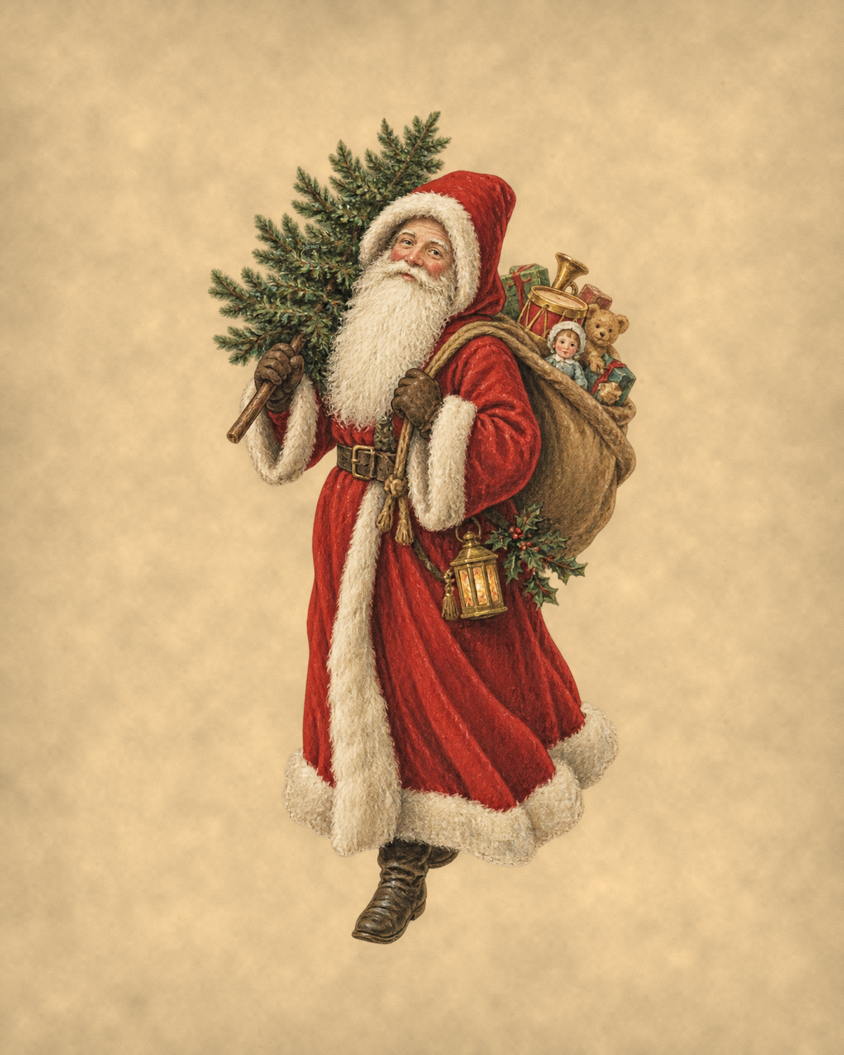 Vintage Father Christmas with fir tree and toy sack, antique Victorian postcard style print on tea-stained parchment