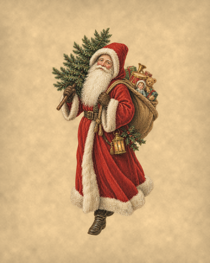 Vintage Father Christmas with fir tree and toy sack, antique Victorian postcard style print on tea-stained parchment