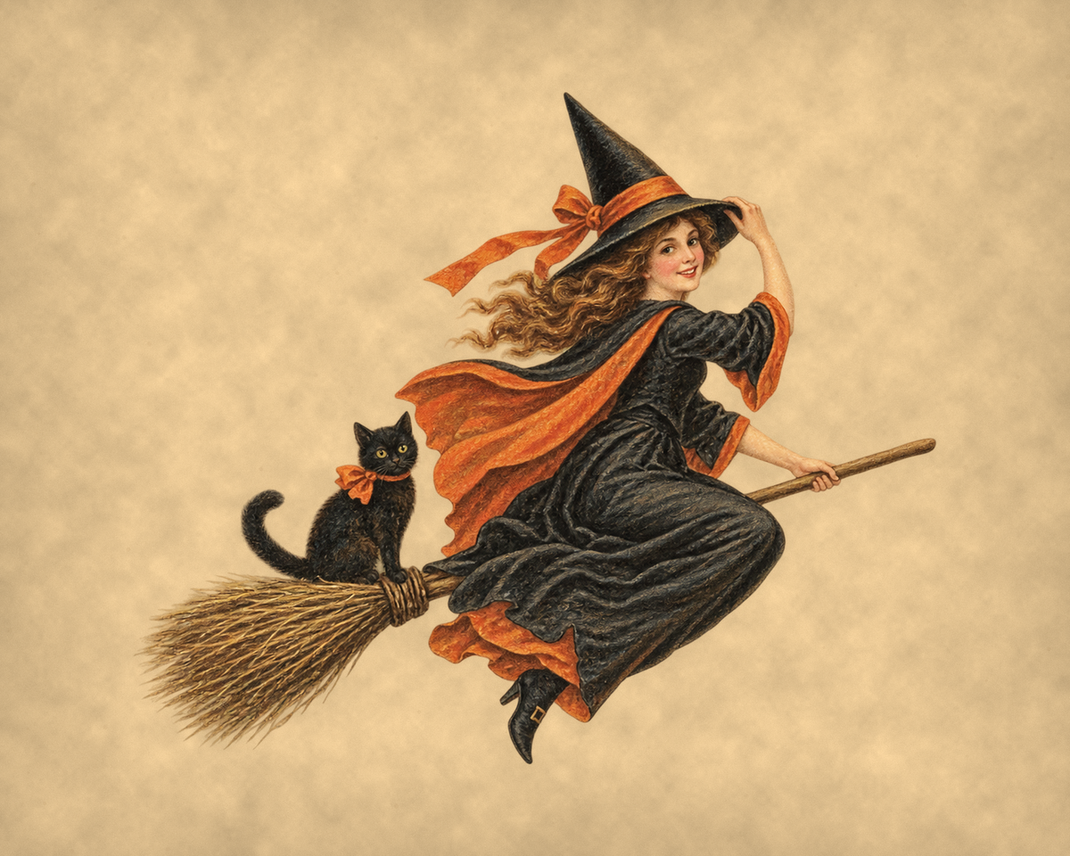 Vintage Halloween witch on a broomstick with a black cat, antique postcard style print on tea-stained parchment