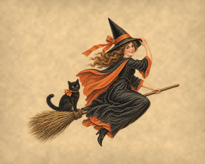 Vintage Halloween witch on a broomstick with a black cat, antique postcard style print on tea-stained parchment
