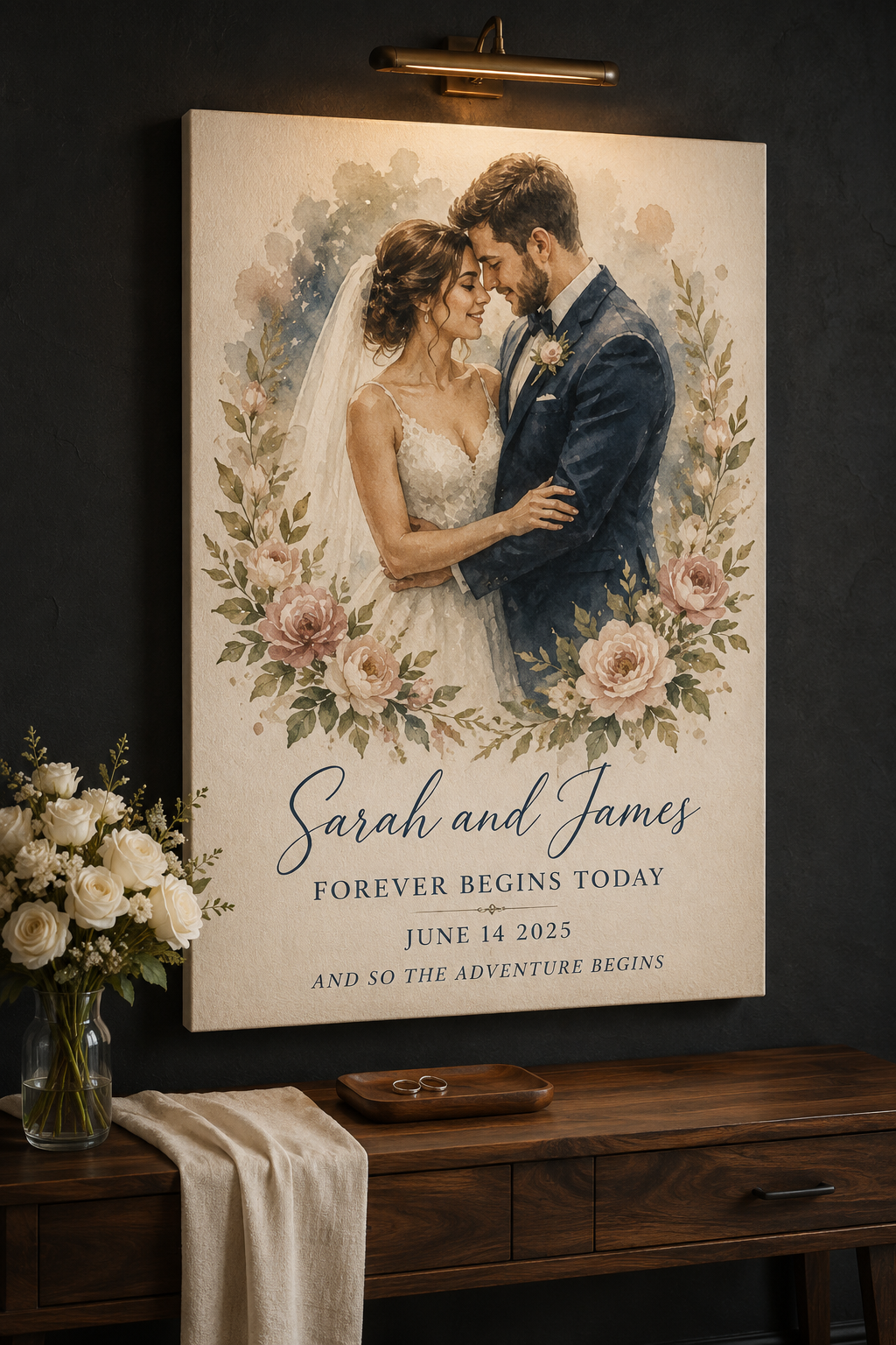 Custom watercolor wedding couple portrait canvas hand-painted bride groom from photo personalized anniversary gift first wedding gift