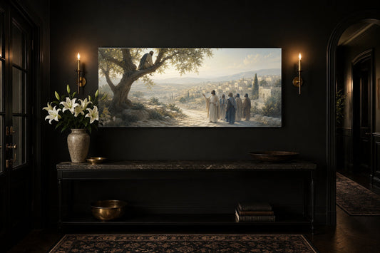 Zacchaeus in the Sycamore Tree Christian canvas hung in a dark entryway with brass sconces and white lilies