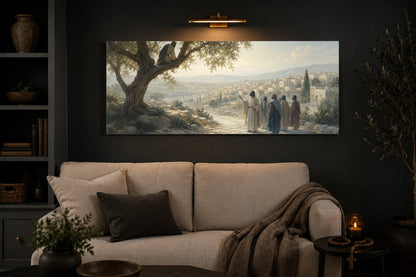 Zacchaeus in the Sycamore Tree Christian canvas under a brass picture light in a charcoal living room