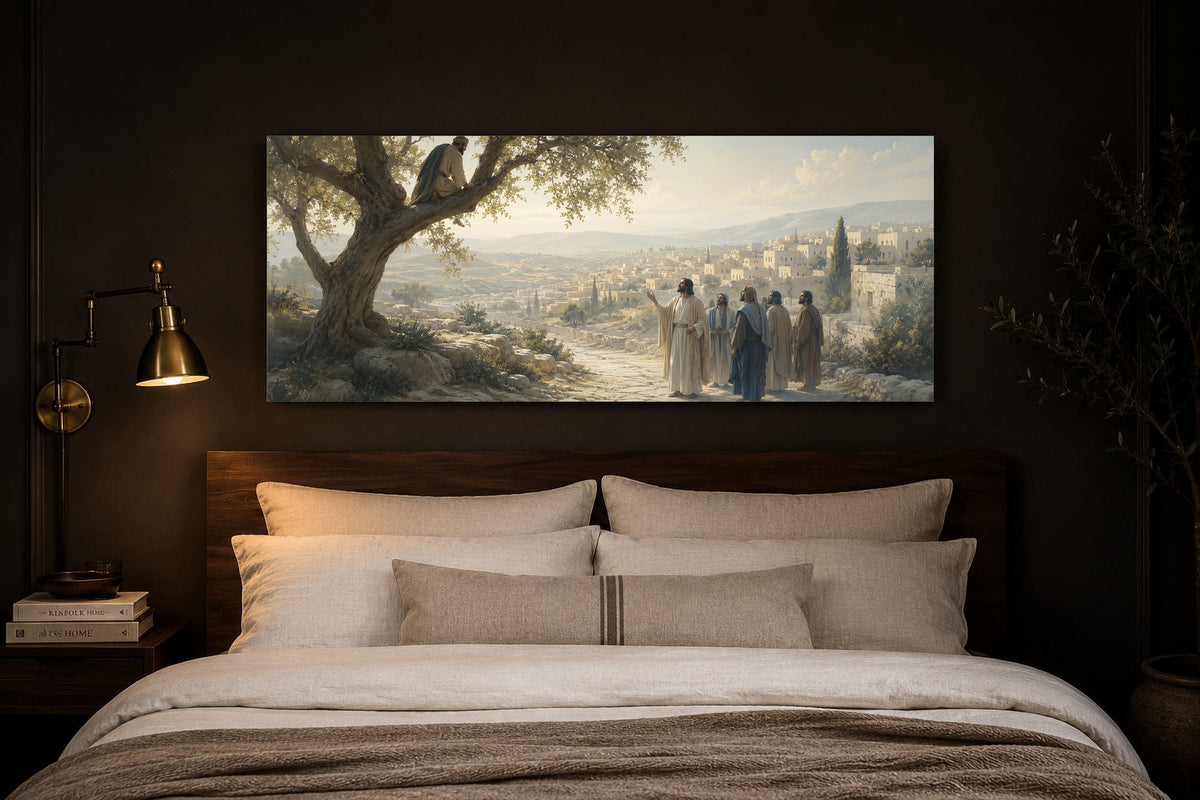 Zacchaeus in the Sycamore Tree Christian canvas above a bed in a dark espresso bedroom