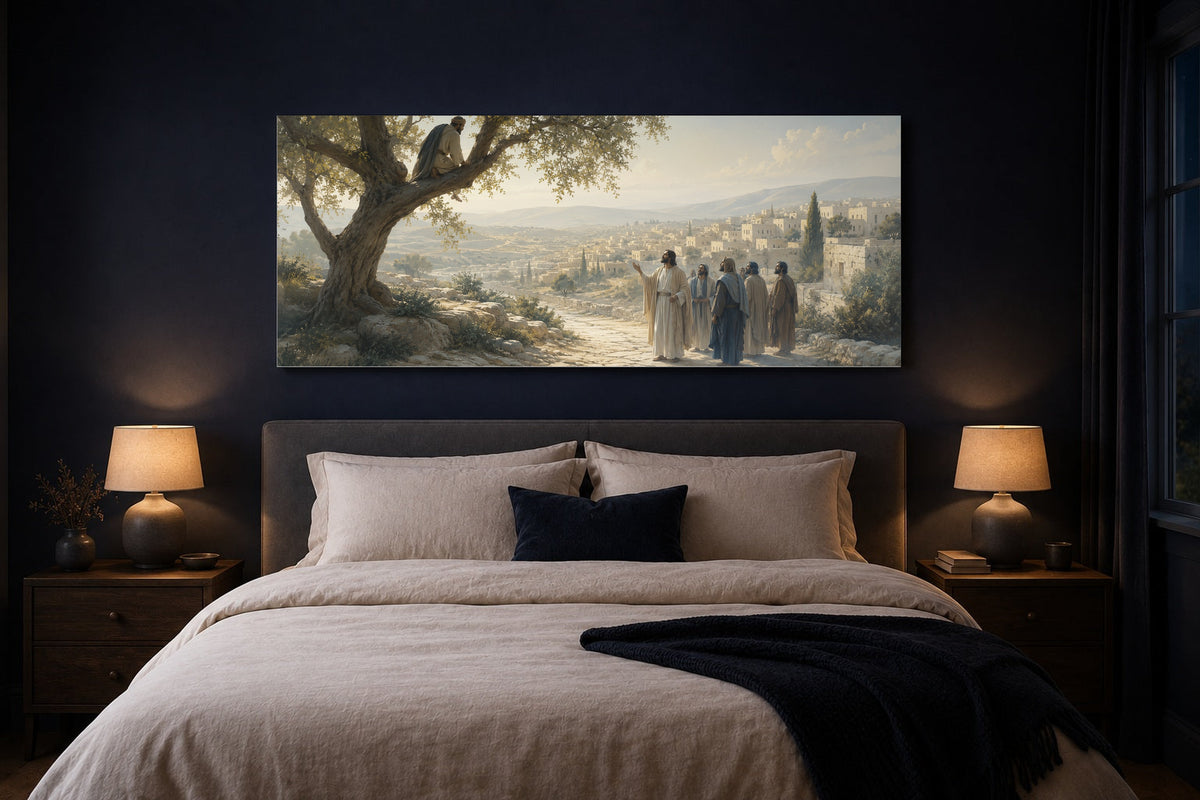 Zacchaeus in the Sycamore Tree Christian canvas above the bed in a navy bedroom with brass lamps