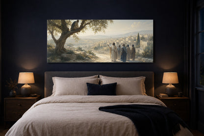 Zacchaeus in the Sycamore Tree Christian canvas above the bed in a navy bedroom with brass lamps