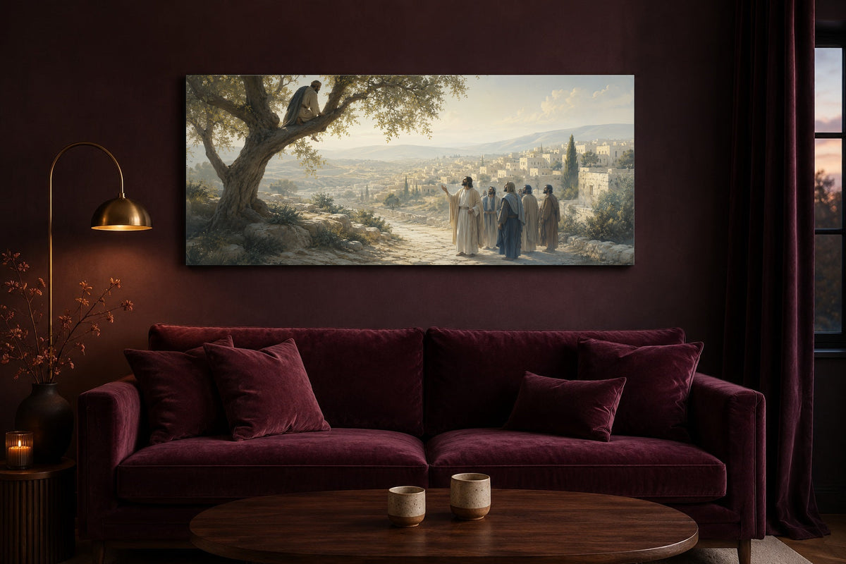Zacchaeus in the Sycamore Tree Christian canvas above a plum velvet sofa in a dark living room