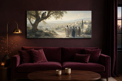 Zacchaeus in the Sycamore Tree Christian canvas above a plum velvet sofa in a dark living room