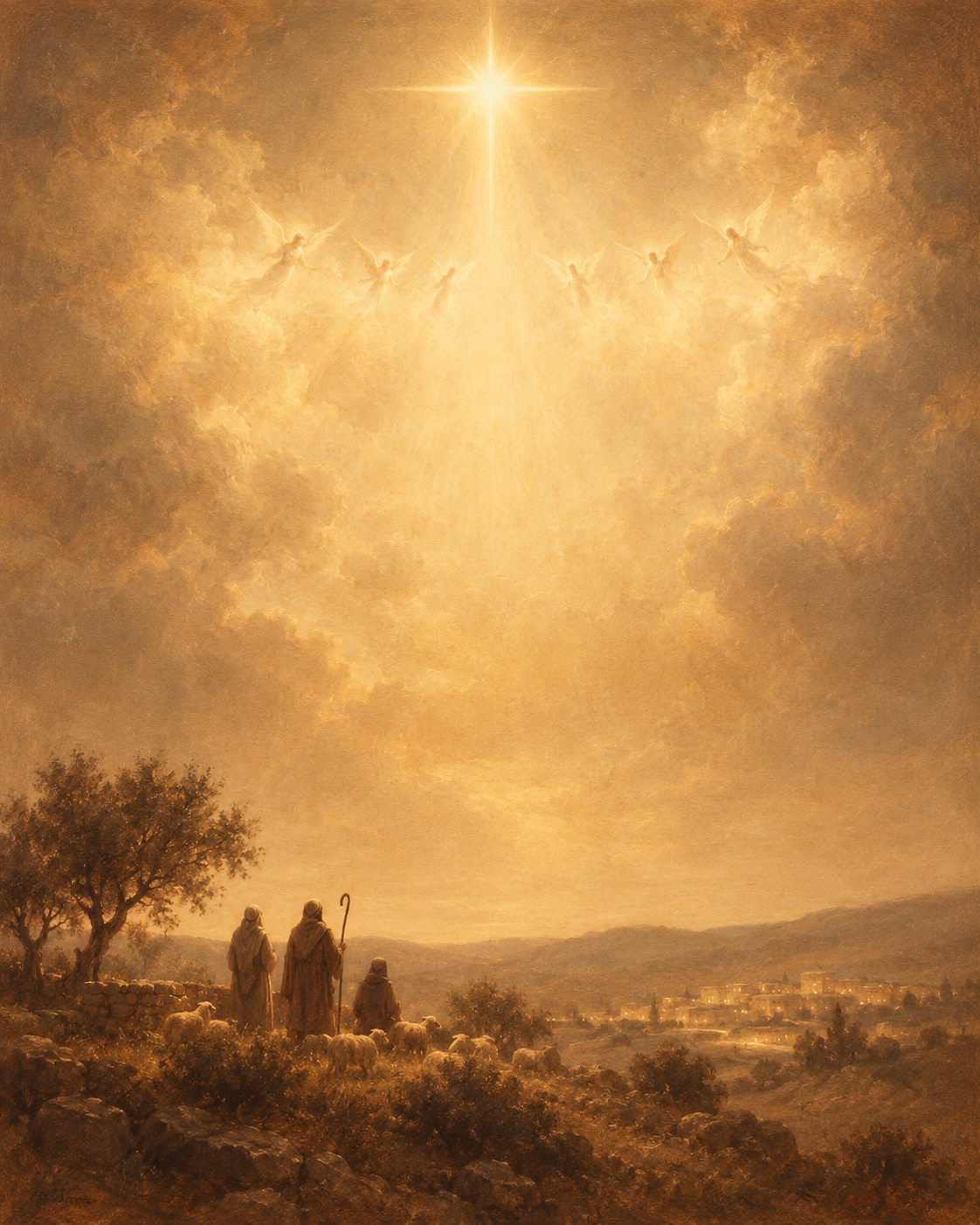 Vintage angel choir Christmas art, star of Bethlehem over shepherds, 8x10 print