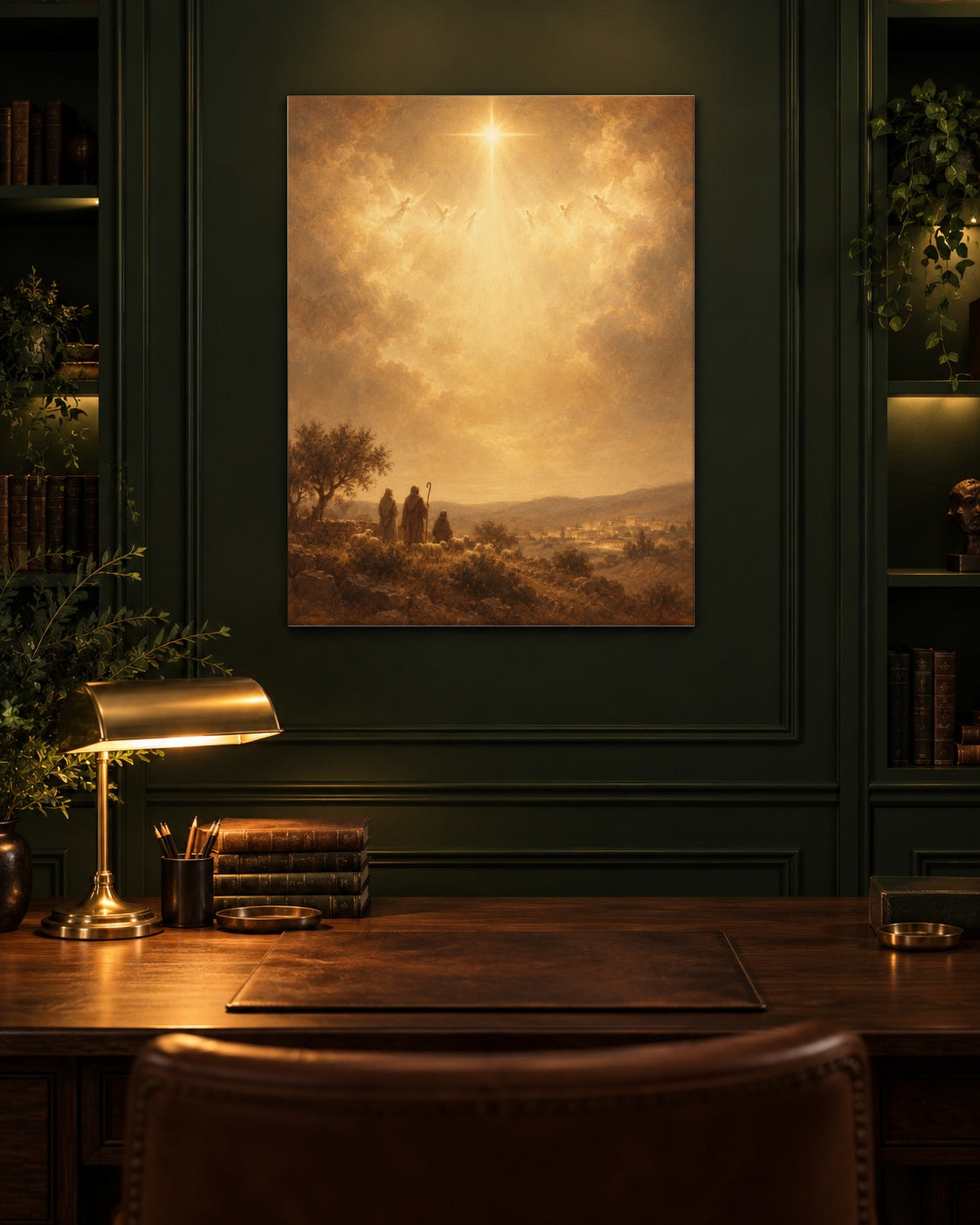 Angel choir Christmas 8x10 print framed above a walnut desk in a dark green study