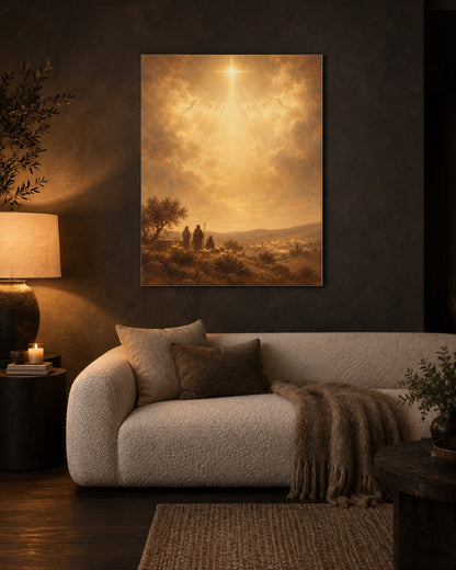 Angel choir Christmas print in a charcoal living room above a cream sofa