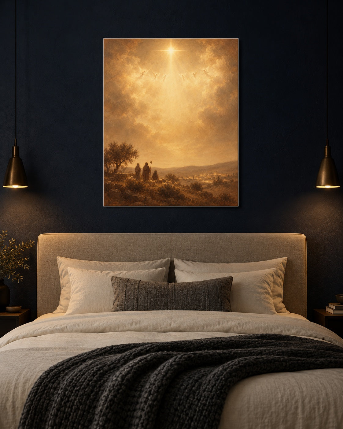 Angel choir Christmas print above a bed in a navy bedroom