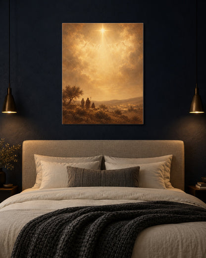 Angel choir Christmas print above a bed in a navy bedroom