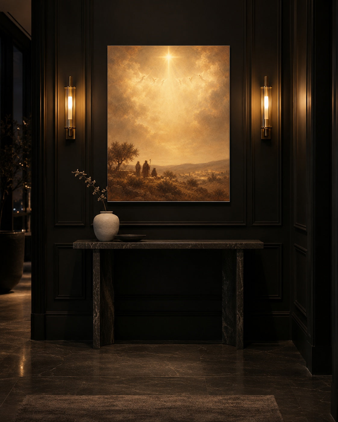 Angel choir Christmas print in a black entryway with brass sconces