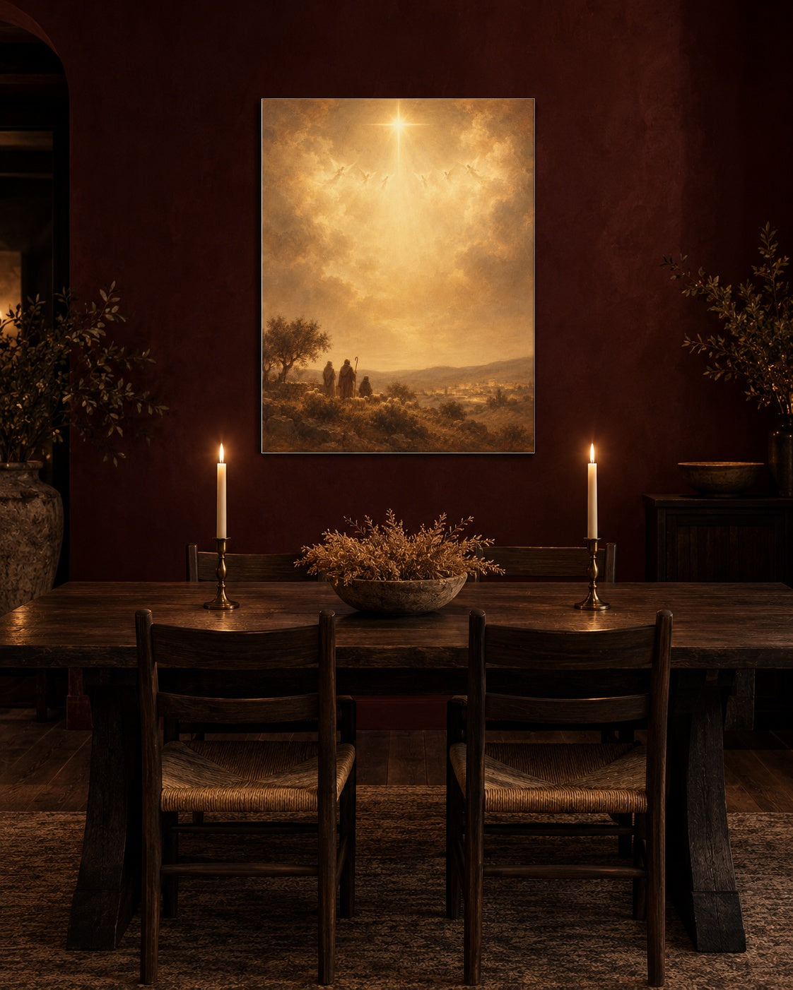 Angel choir Christmas print in an oxblood dining room with taper candles